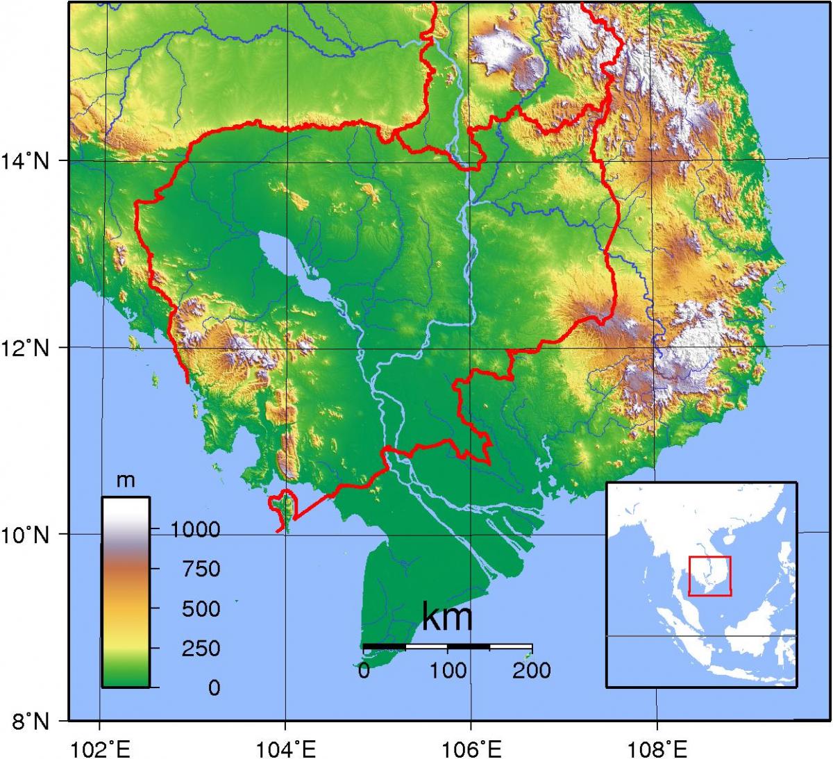 El mapa topográfico de Camboya 